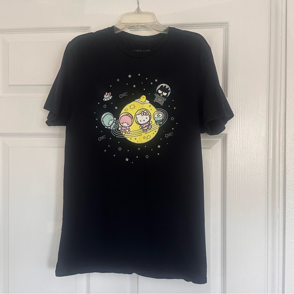 Rare Sanrio Black Graphic Tee with Hello Kitty, Kiki, Lala, Badtz-Maru,Pochacco